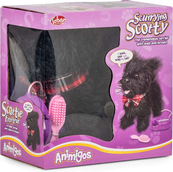 Toy dog packaging with 'Scurrying Scotty' on a purple background