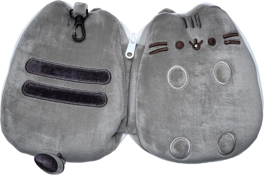 Gray cat-shaped pillow with zipper on a white background