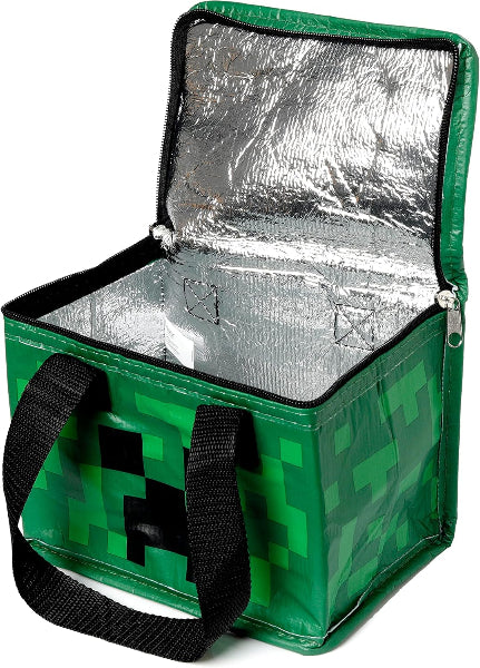 Green insulated lunch bag with black handles on a white background