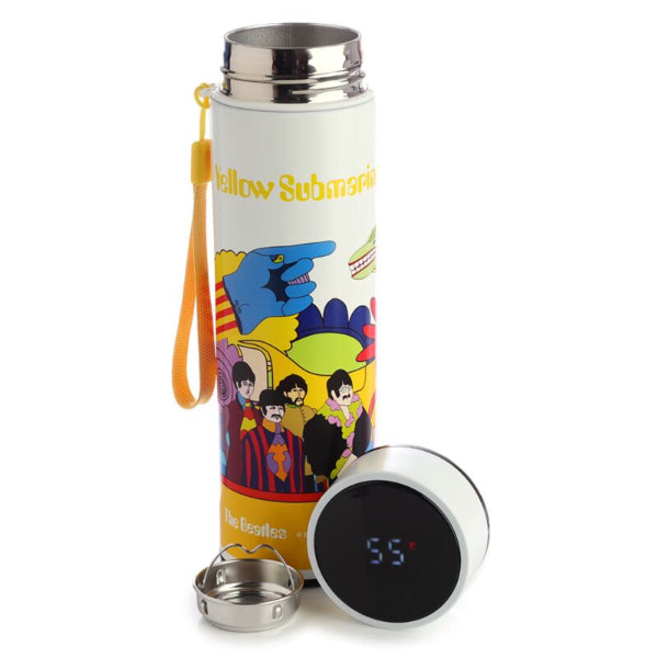 Thermos bottle with The Beatles 'Yellow Submarine' design on a white background
