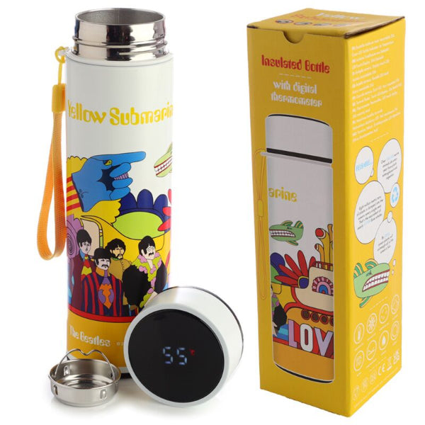 The Beatles 'Yellow Submarine' themed water bottle with packaging and digital thermometer.