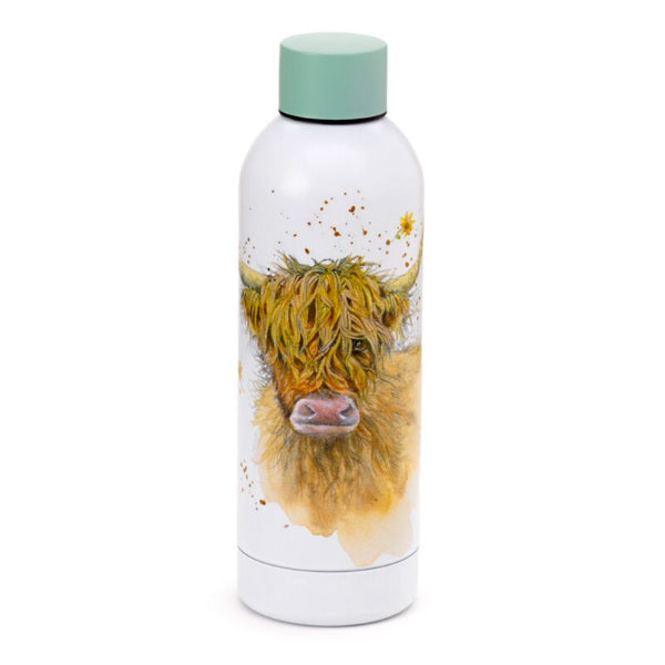 White water bottle with a highland cow design on a white background