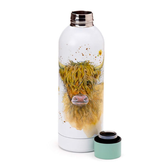 White water bottle with a highland cow design on a white background