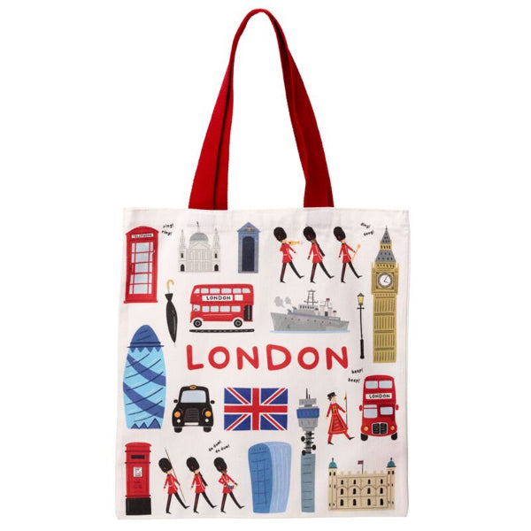 Tote bag with London-themed illustrations on a white background