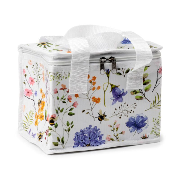Insulated lunch bag with floral design on a white background