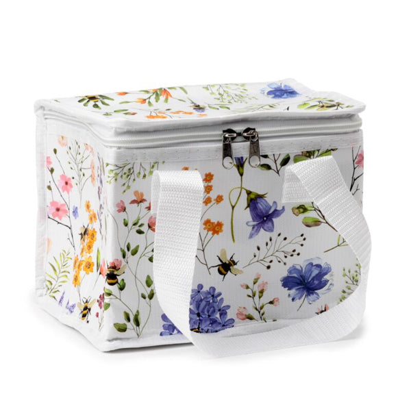 Floral-patterned cooler bag with a white background
