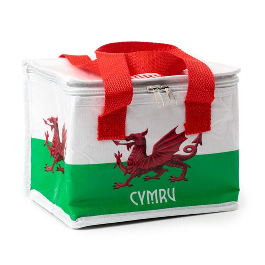 insulated lunch bag with Welsh flag design and 'Cymru' text on a white background