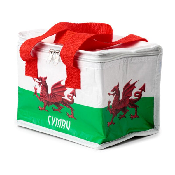 insulated lunch bag with Welsh flag design and 'Cymru' text on a white background