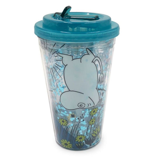 Clear tumbler with blue lid featuring a cartoon character and floral design on a white background