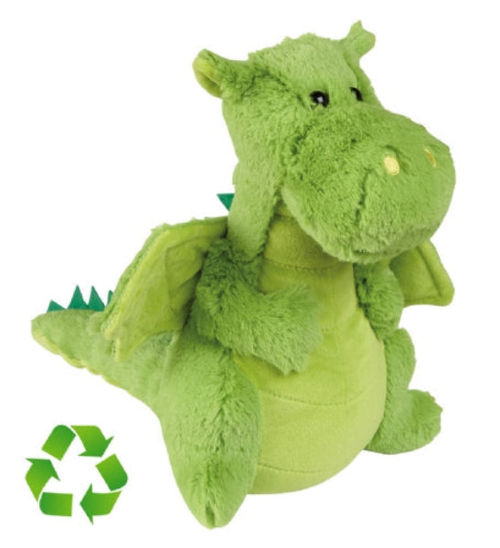 Green plush dragon toy with a recycling symbol on a white background