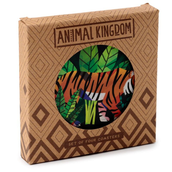 Box of coasters with a tiger design and 'Animal Kingdom' branding on a white background