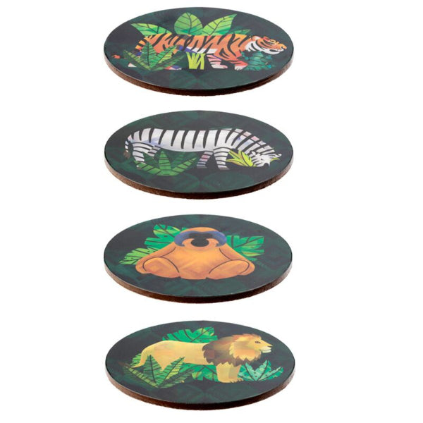 Set of four coasters with animal illustrations on a white background