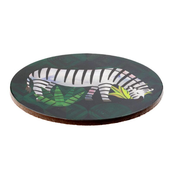 Round coaster with a zebra design on a green background