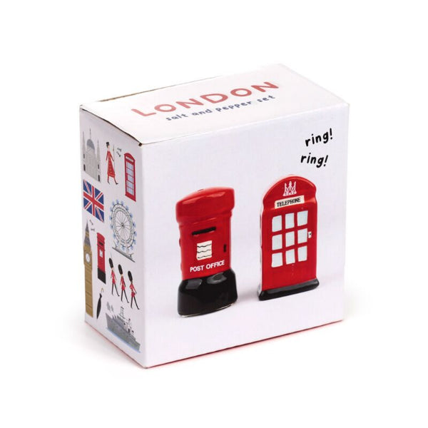 Box of London-themed salt and pepper shakers with red phone booth design.