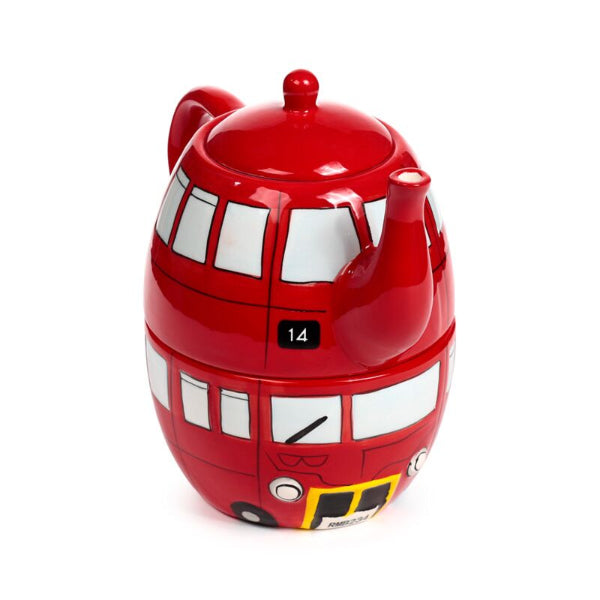 Red bus-shaped teapot on a white background