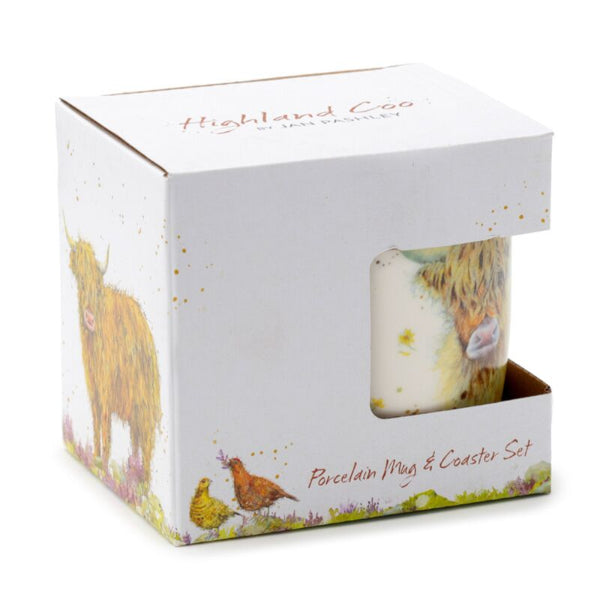 Boxed porcelain mug and coaster set with Highland Cow design