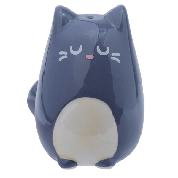 Blue cat-shaped object with a white belly on a white background