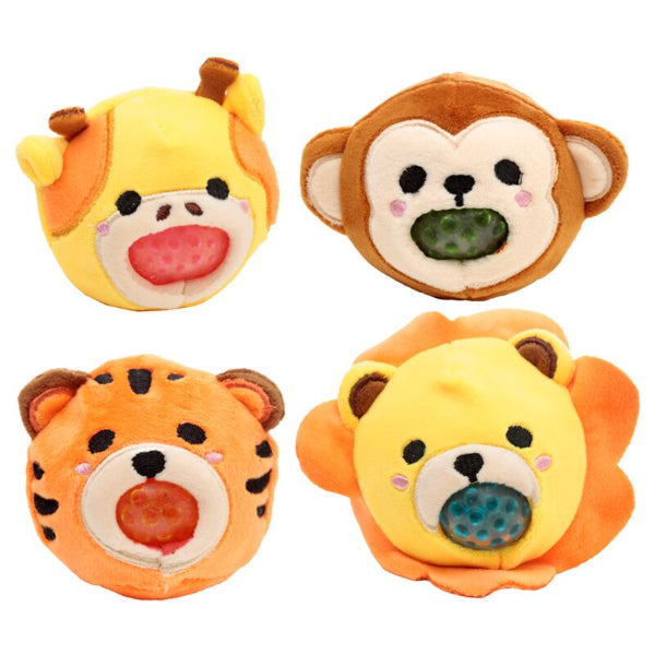 Four animal-themed plush toys on a white background