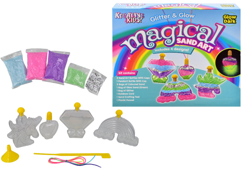 Kreinik Kids Glitter & Glow Magical Sand Art kit with sand packets and molds on a white background