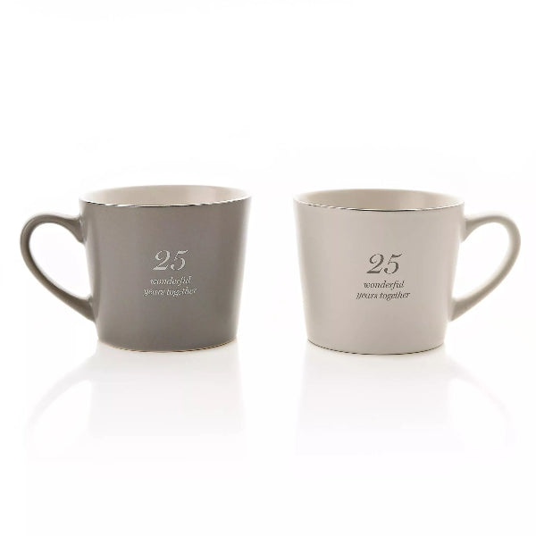 Two gray mugs with '25 wonderful years together' text on a white background