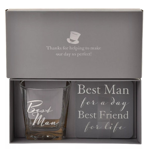 Clear glass with 'Best Man' engraving in a gray box with engraved text.