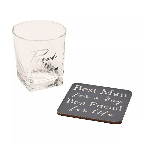 Clear glass with 'Best Man' engraving and matching coaster on a white background