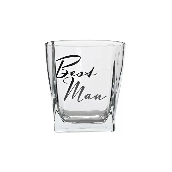 Clear glass tumbler with 'Best Man' text on a white background