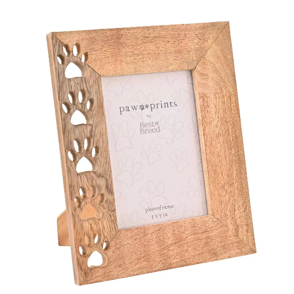 Wooden photo frame with paw prints design on a white background