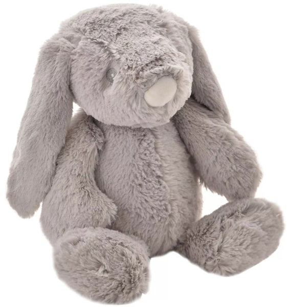 Plush gray bunny toy on a white background