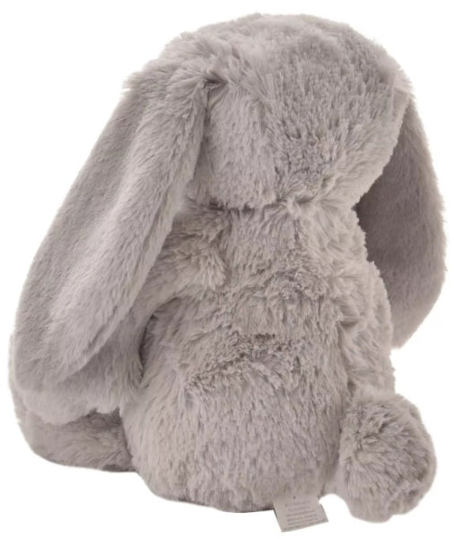 Gray plush bunny toy on a white background