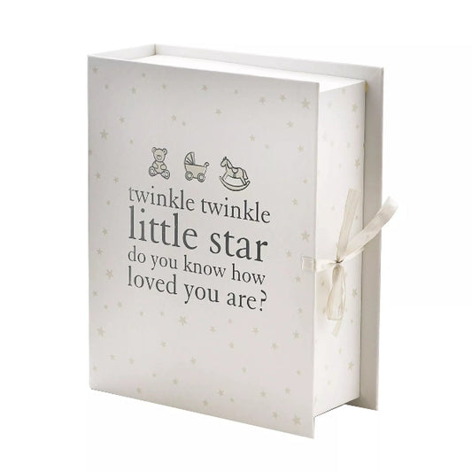 White gift box with text and illustrations on a white background