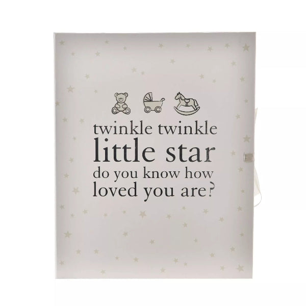 Card with 'twinkle twinkle little star' text and illustrations on a white background