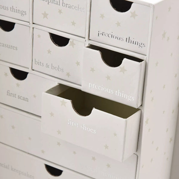 White storage drawers with labels on a white background