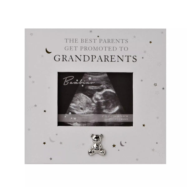 Photo frame with ultrasound of baby and text 'The best parents get promoted to grandparents' on a white background