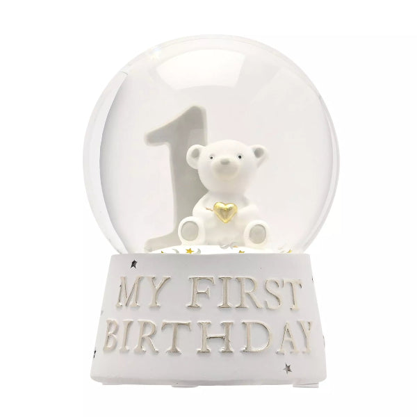 Snow globe with a white bear and number '1' for a first birthday celebration on a white background.