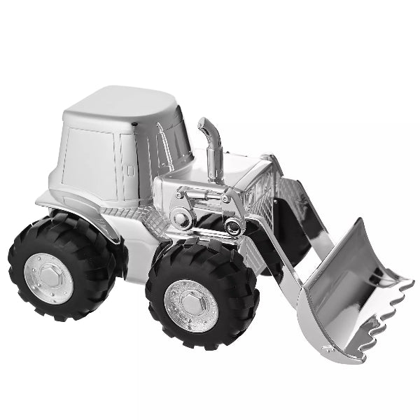 Metallic toy bulldozer on a white background