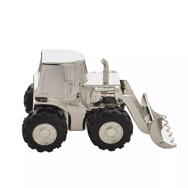 Metallic model of a bulldozer on a white background