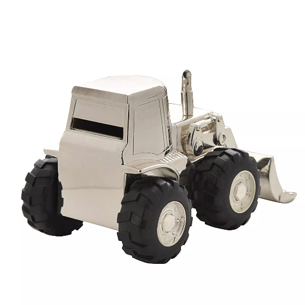 Metallic toy truck with black tires on a white background