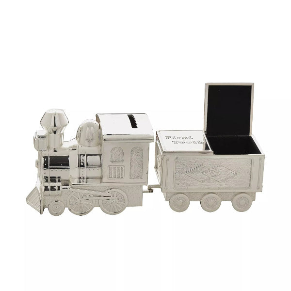 Silver train-shaped jewelry box with open lid on a white background
