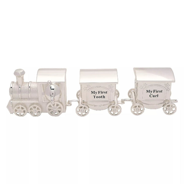 Silver train-shaped decorative set with 'My First Tooth' and 'My First Curl' carriages on a white background.