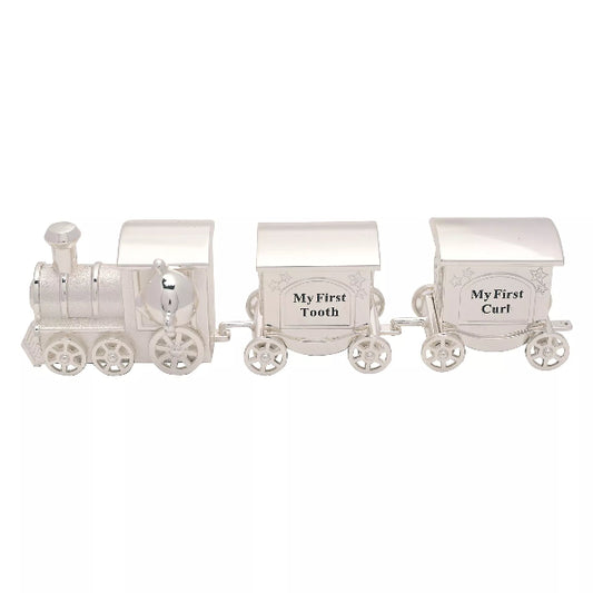 Silver train-shaped decorative set with 'My First Tooth' and 'My First Curl' carriages on a white background.