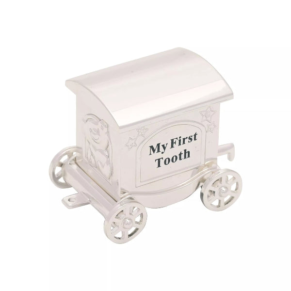 White decorative tooth box with 'My First Tooth' text on a white background