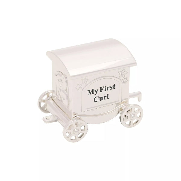 White decorative wagon with 'My First Curl' text on a white background