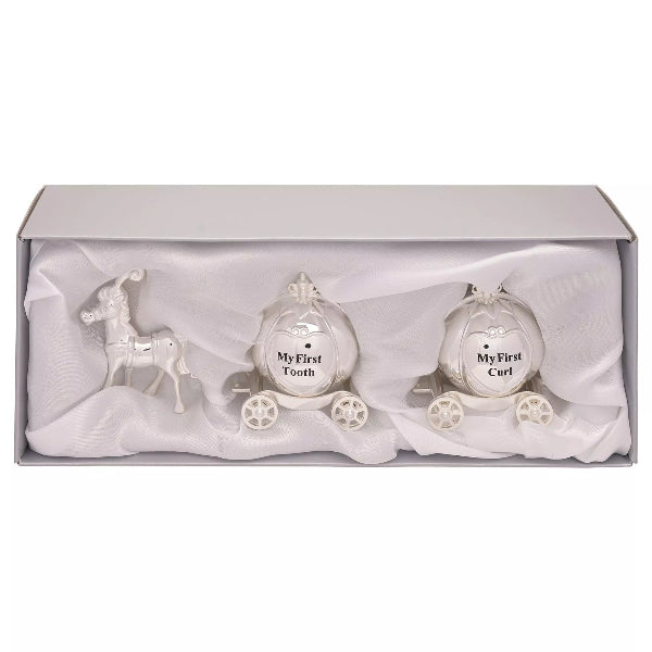 Set of three decorative items in a box, including a horse, a carriage with 'My First Tooth' text, and another carriage with 'My First Curl' text.