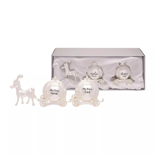 Set of four white keepsake jars with horse and carriage design in a box on a white background