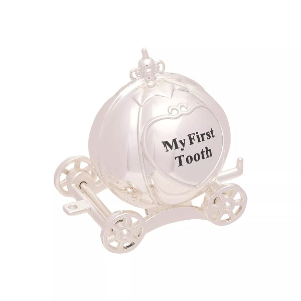 Silver tooth fairy box shaped like a carriage with 'My First Tooth' text on a white background