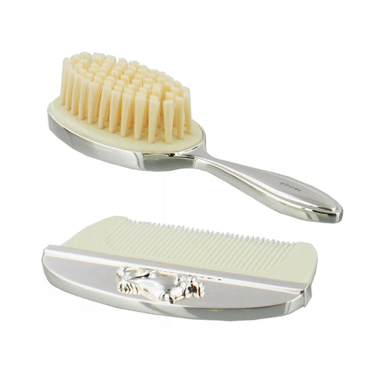 Hairbrush and comb set with white bristles and teeth on a white background
