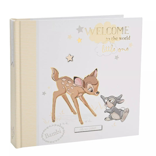 Book with illustrations of Bambi and Thumper, featuring text 'Welcome to the world little one' on a white background.