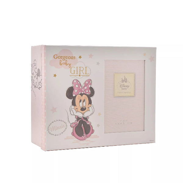 Gift box with Minnie Mouse design and text 'Gorgeous baby Girl' on a white background