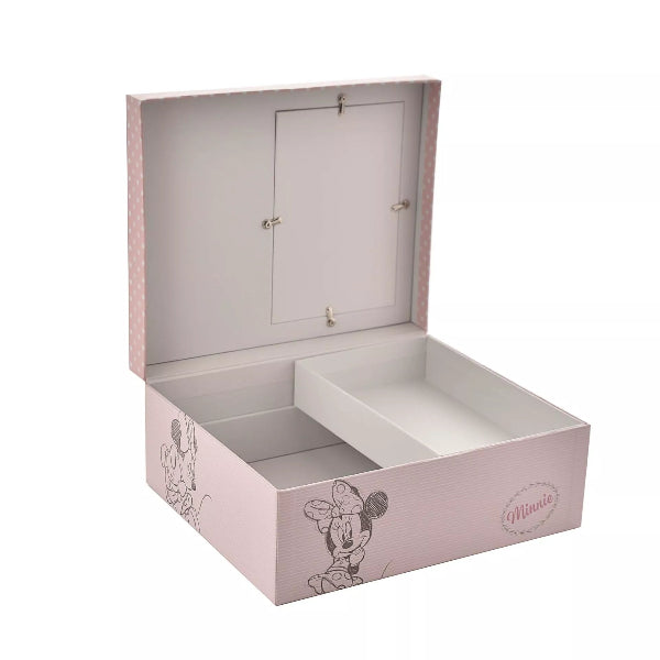 Pink storage box with Minnie Mouse design on a white background